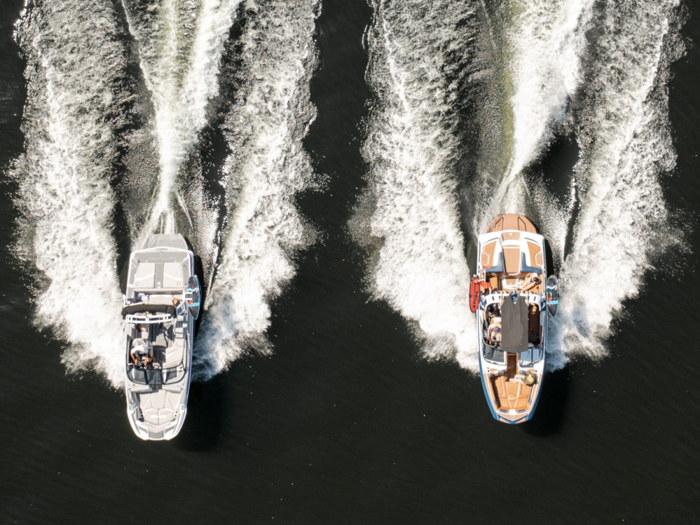 Overhead shot of two boats in the water