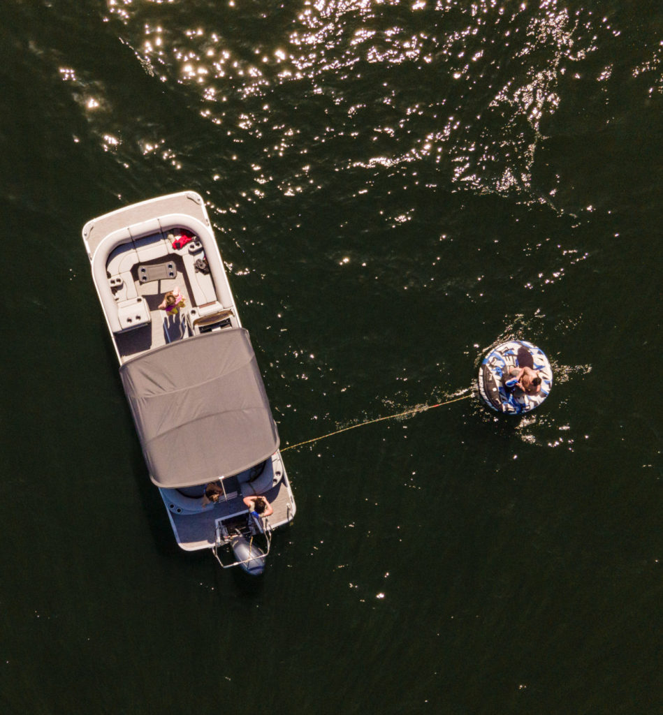 Overhead shot of Pontoon boat and tube from Penticton Boat Club