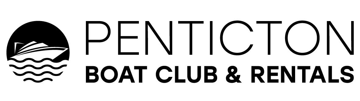 Black icon of speed boat on waves with the words Penticton Boat Club & Rentals in black letters.