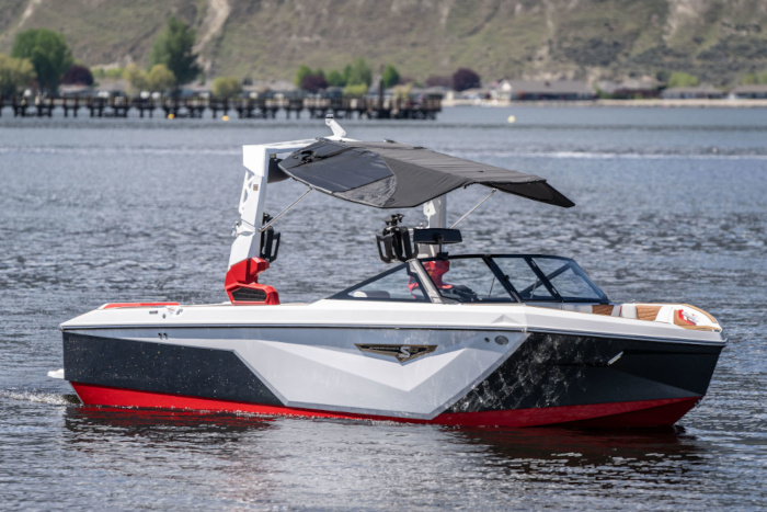 Red Surf Boat in Okanagan Lake